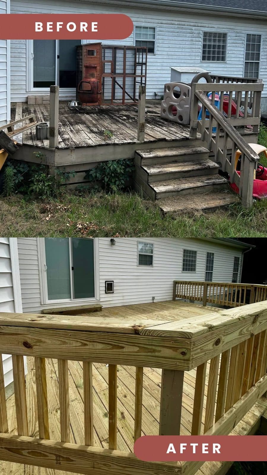 Before-and-after deck rebuild — a weathered wood deck replaced with a new pressure-treated deck