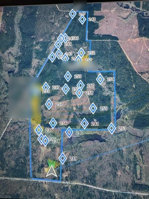 Satellite map of a hunting tract with its boundary outlined and numbered stand and plot markers